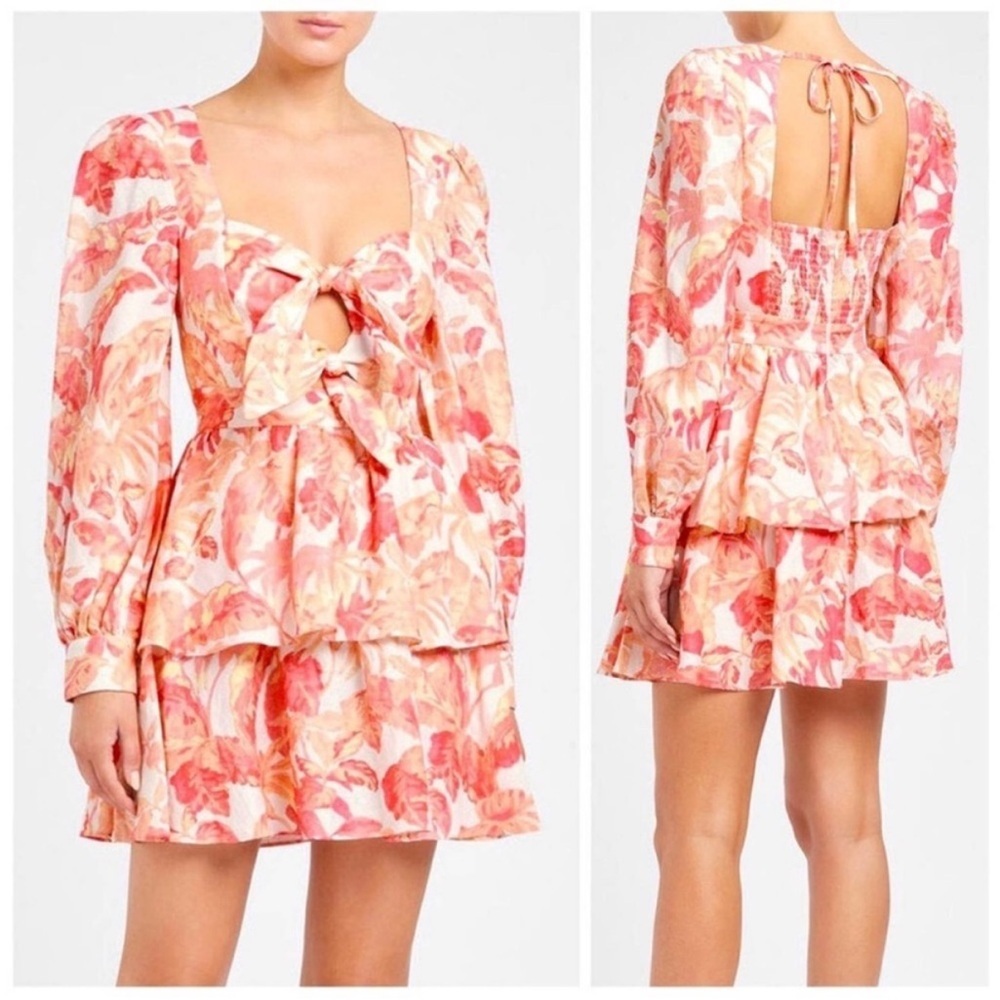 Beulah Style Tropical Floral Double Front Knot Mini Dress Small Tiered Flirty
